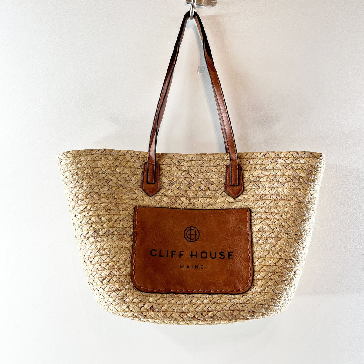 Cliff House Signature Woven Straw Shoulder Strap Beach Tote Bag Brown
