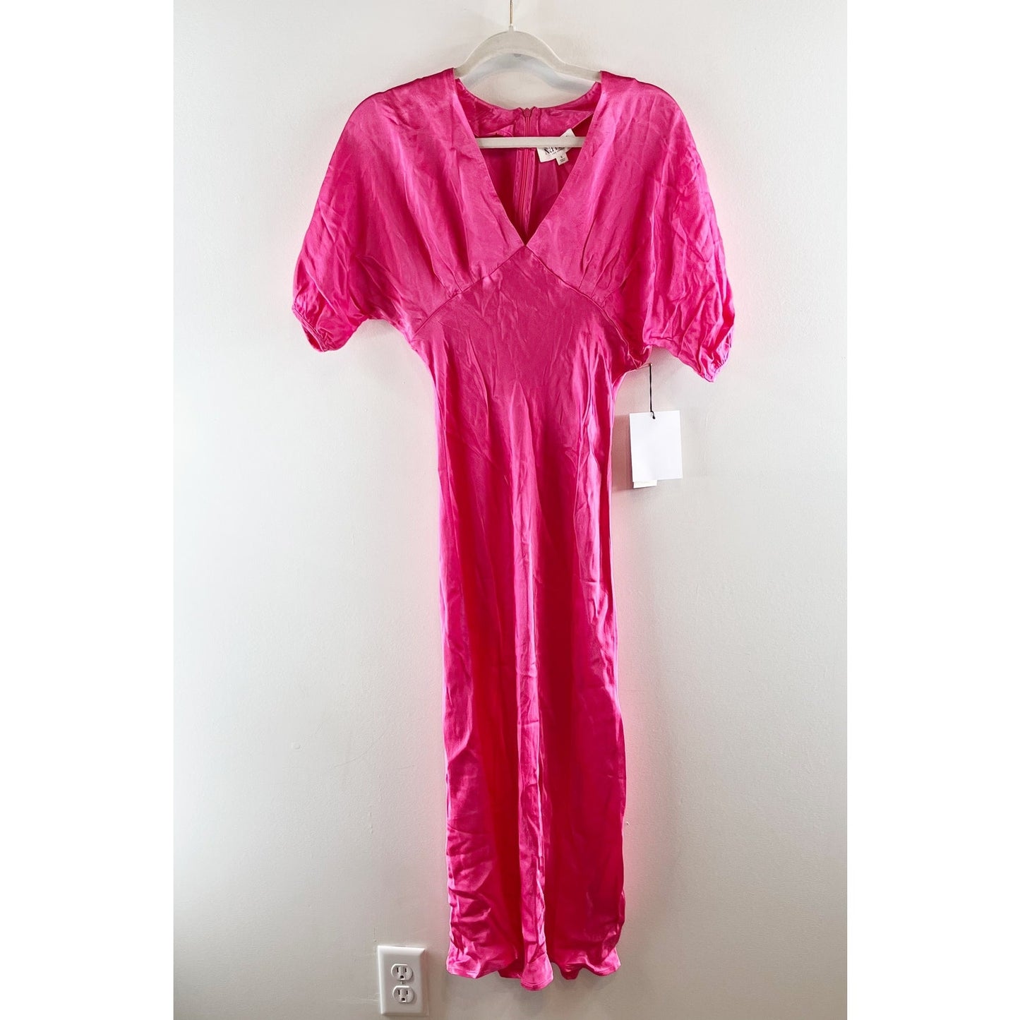 Nation Los Angeles Lily Rose Short Sleeve Satin Maxi Dress Pink Flambe Small