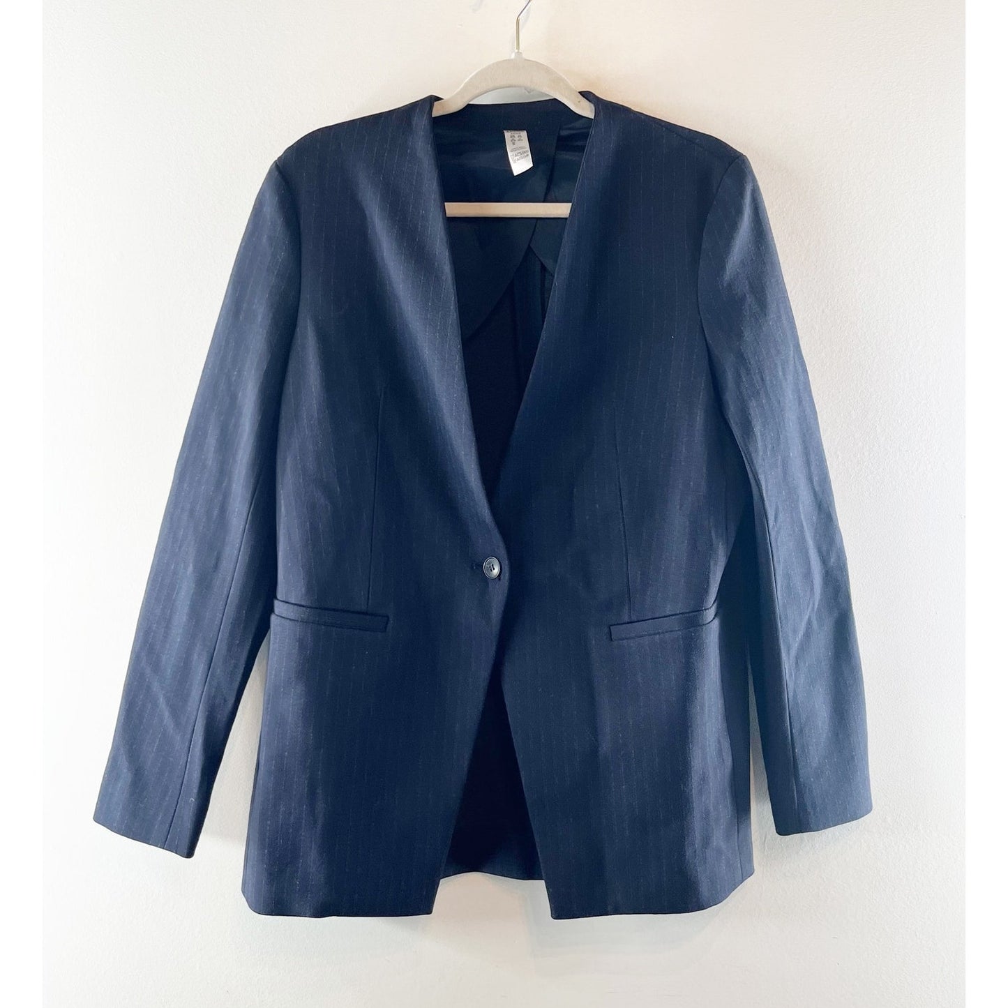 Spanx Perfect Collarless Single Button Blazer Jacket Pinstripe Navy Blue Small