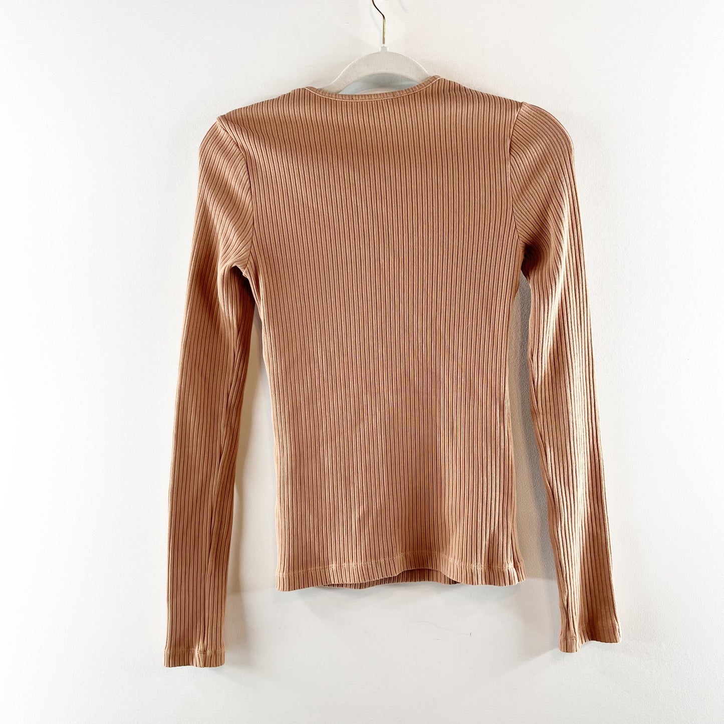 Agolde Lyza Organic Cotton Blend Long Sleeve Fitted Cut Out Ribbed Top Brown XS