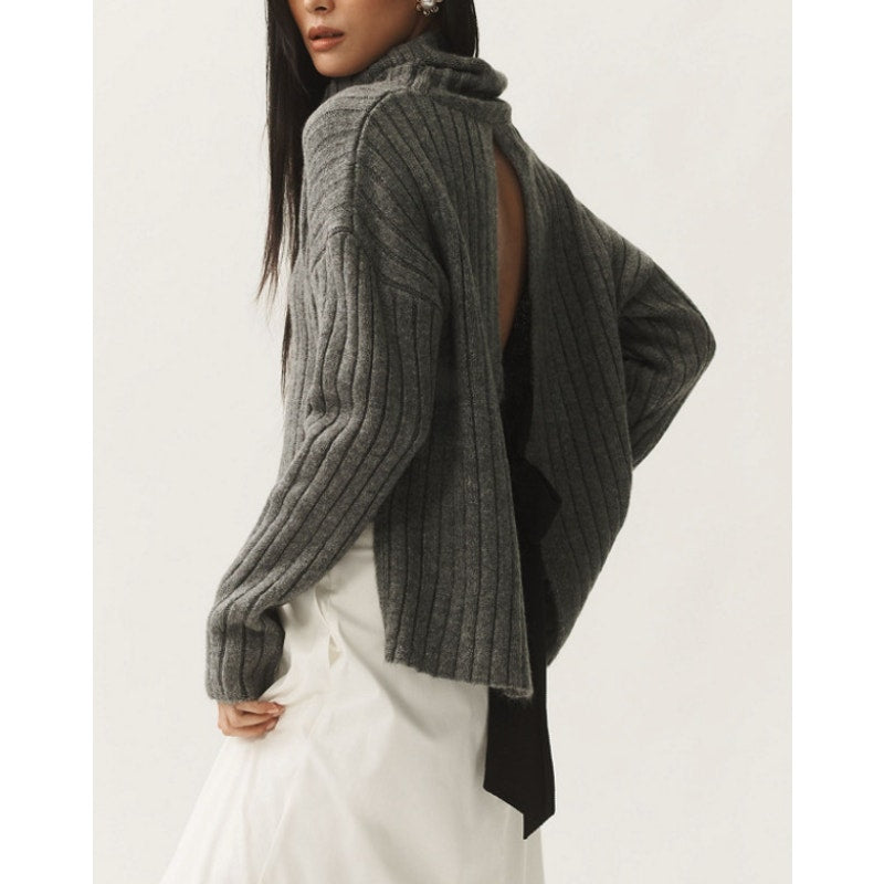 Maeve Anthropologie Long Sleeve Tie Open Bow Back Turtleneck Sweater Gray Medium