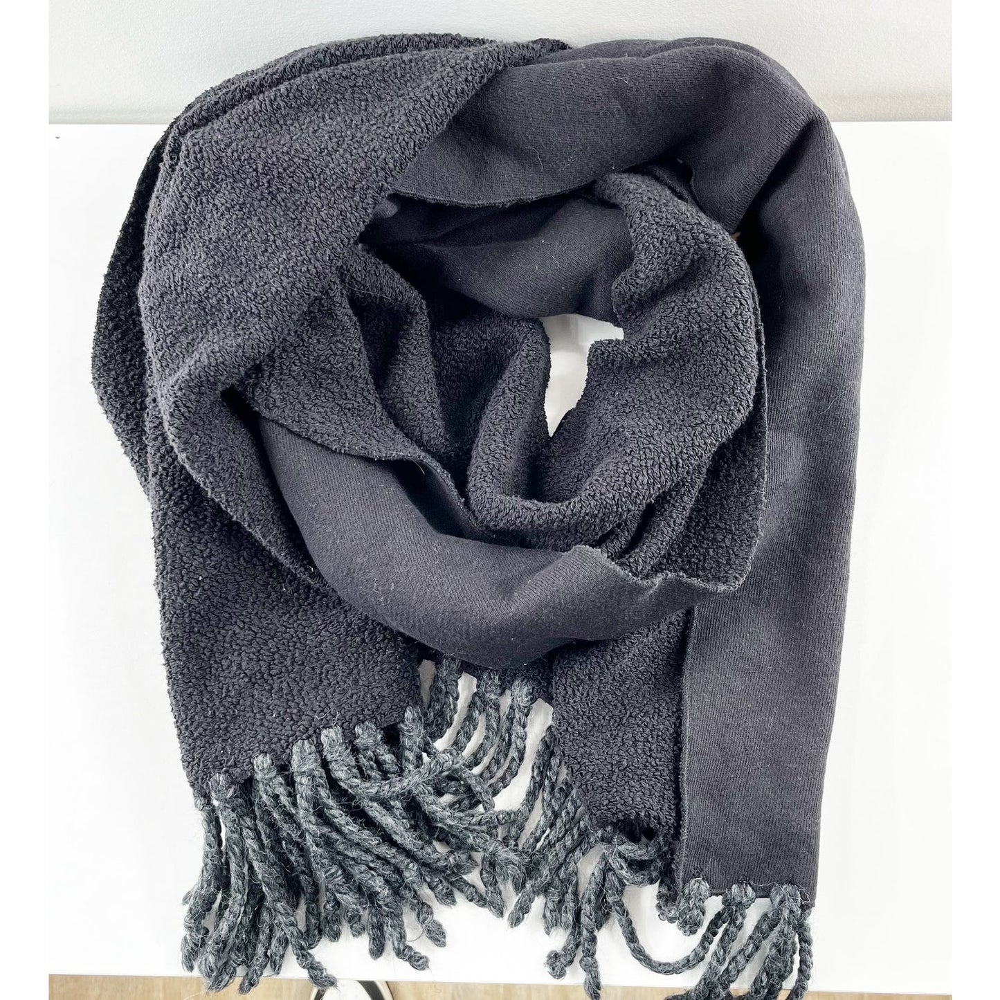 Fringe Cotton Terry Wrap Blanket Scarf Black