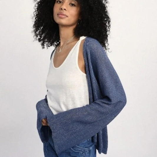 Molly Bracken Long Bell Sleeve Open Front Knit Cardigan Sweater Blue S / M