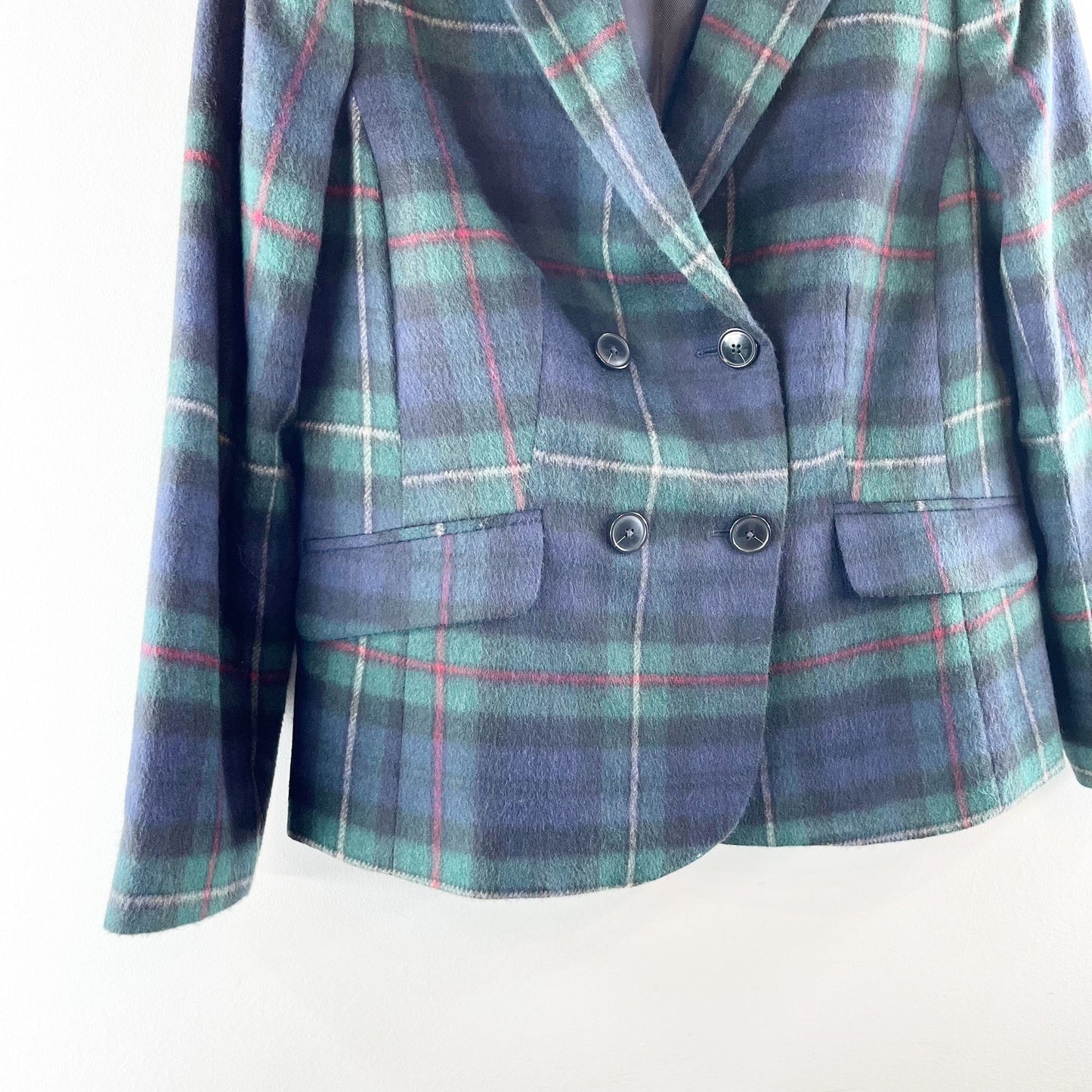 Talbots Brushed Wool Double Breasted Blazer Jacket Tartan Plaid Green 10P