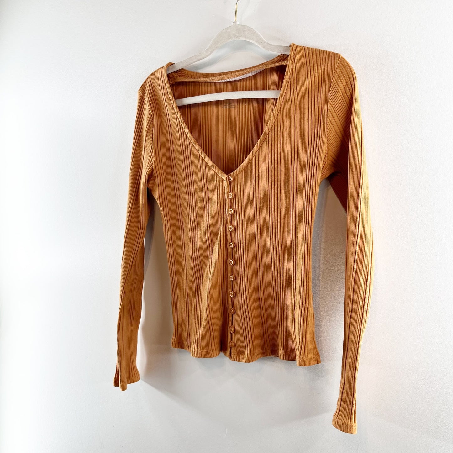 Anthropologie Beatrice Button Up Long Sleeve Ribbed Top Camel Brown Medium