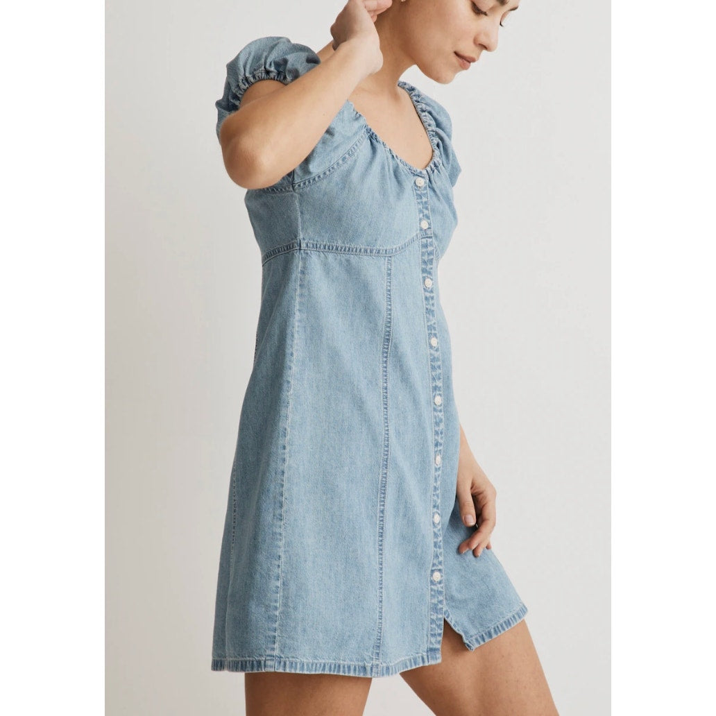 Madewell Denim Short Puff Sleeve Button Up Margie Mini Dress Bevy Wash Blue 12