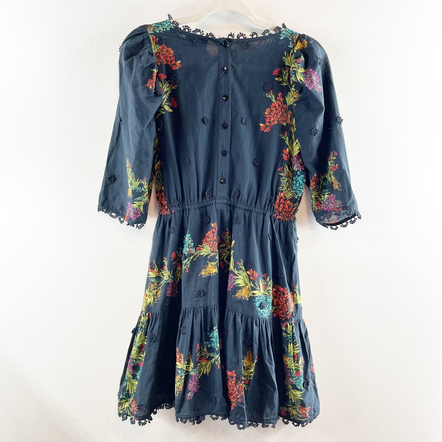 FARM Rio Louise Floral Embroidered Puff Sleeve Cotton A-Line Mini Dress Black XS