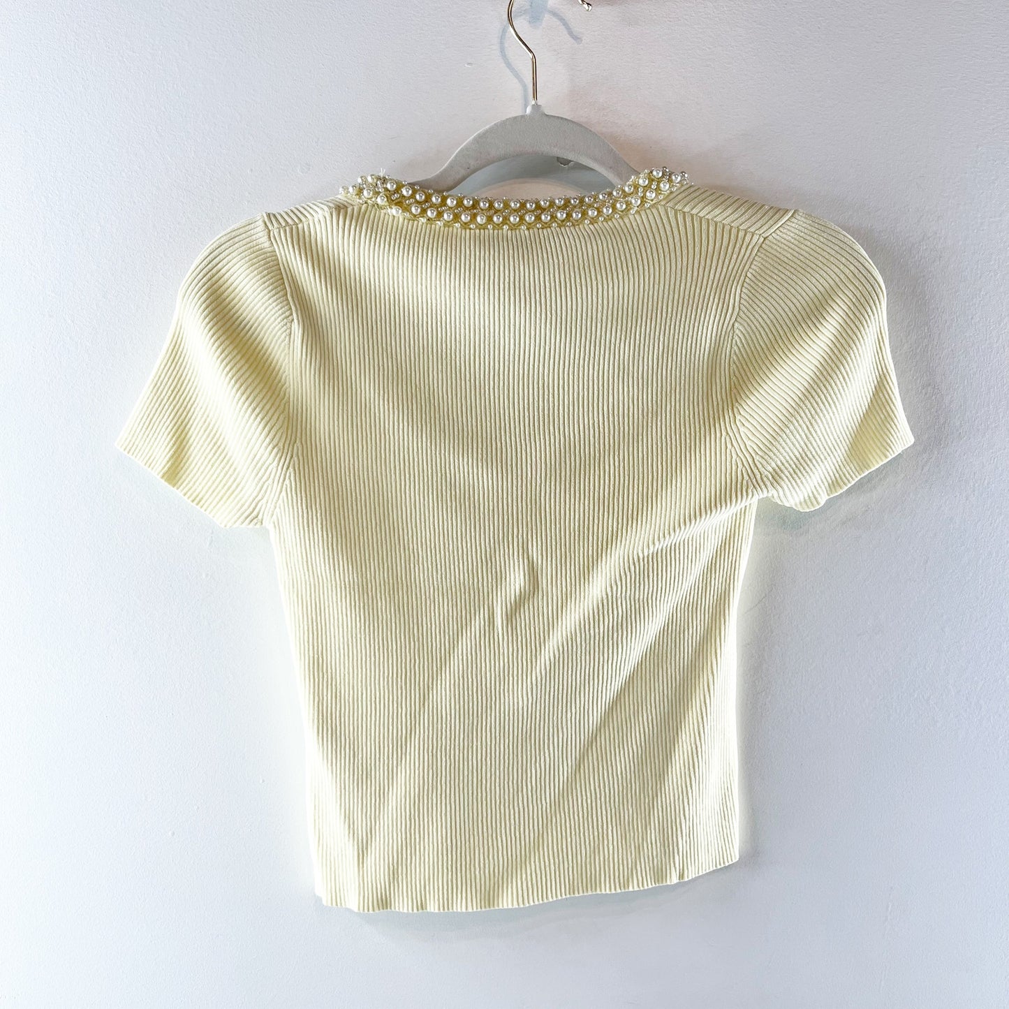 ZARA Pearl Beaded Scoopneck Ribbed Short Sleeve Baby Tee Top Yellow Medium