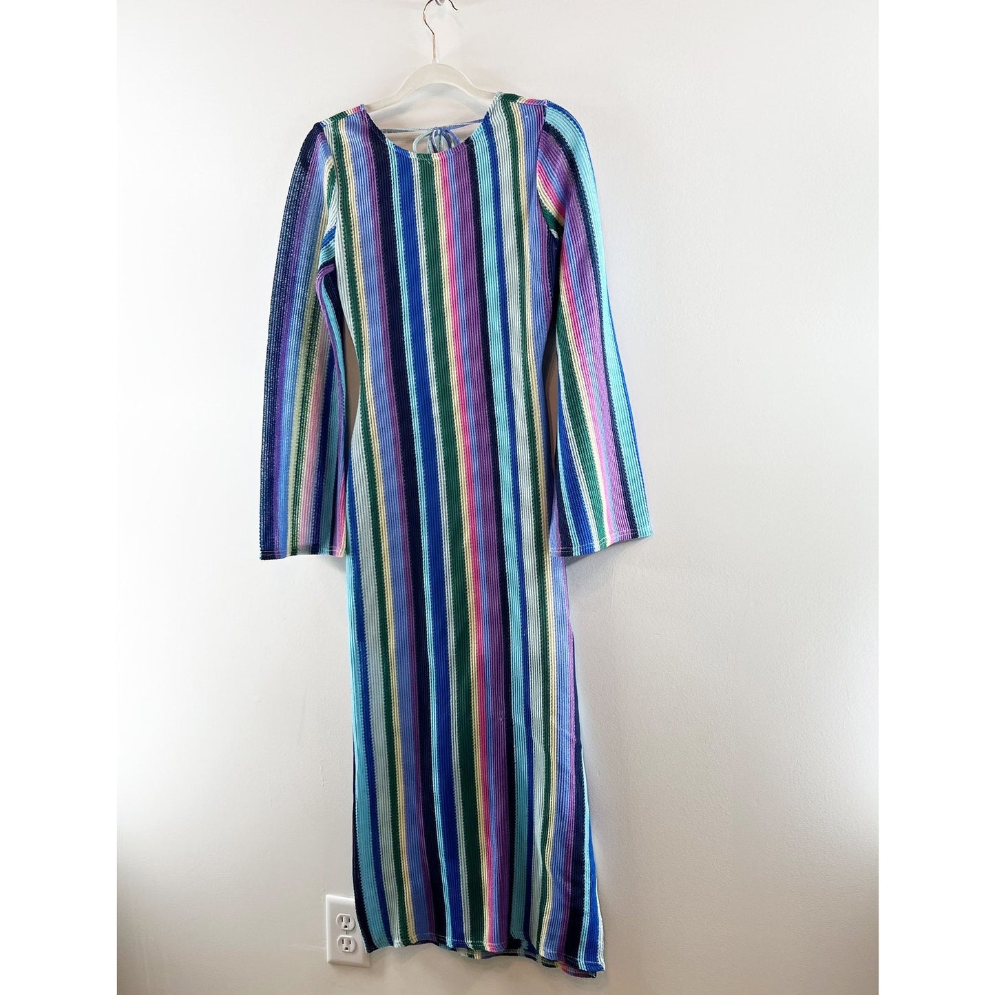 VICI Long Sleeve Striped Rainbow Crochet Cover Up Dress Blue XS