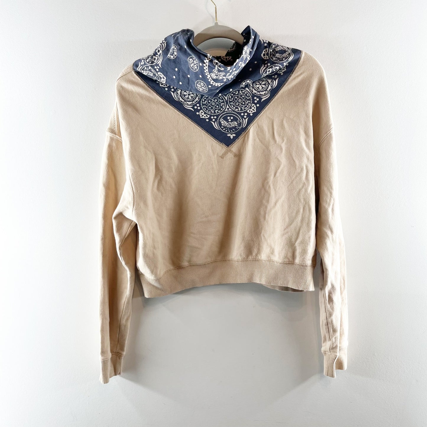 Free People James Bandana Print Cowl Neck Pullover Sweatshirt Ecru Combo XS