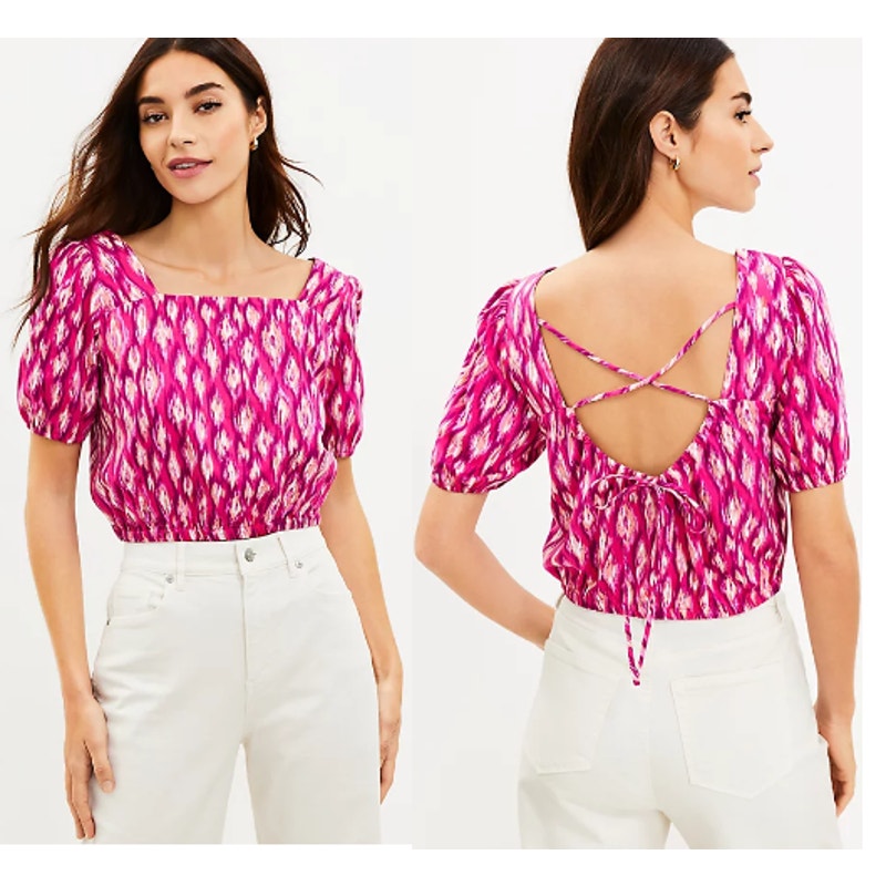 LOFT Animal Print Puffed Sleeve Crisscross Back Crop Blouse Top Hot Pink Poppy M