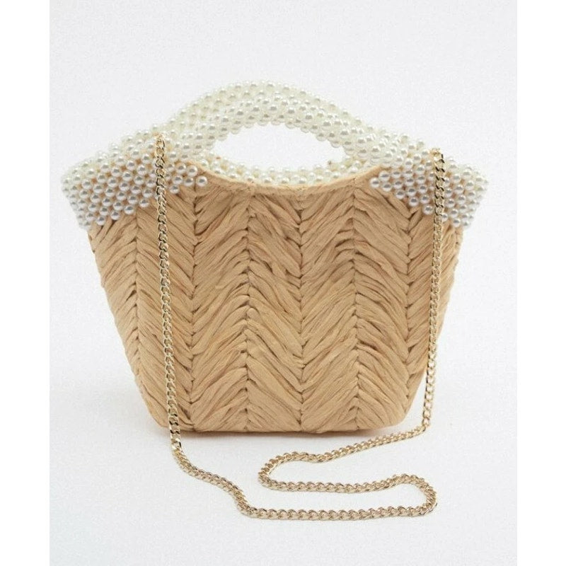 Zara Faux Beaded Basket Handbag Purse with Chain Crossbody Strap Natural Tan