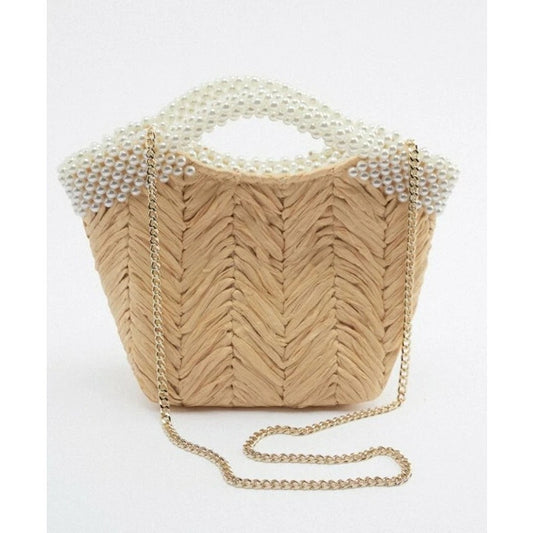 Zara Faux Beaded Basket Handbag Purse with Chain Crossbody Strap Natural Tan