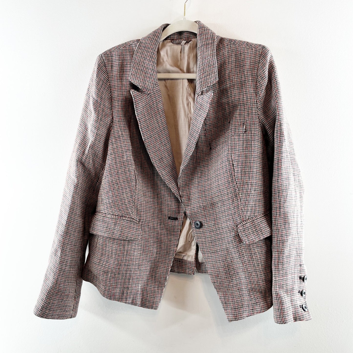 Free People Houndstooth Single Breasted Chess Linen Blazer Garnet Combo M