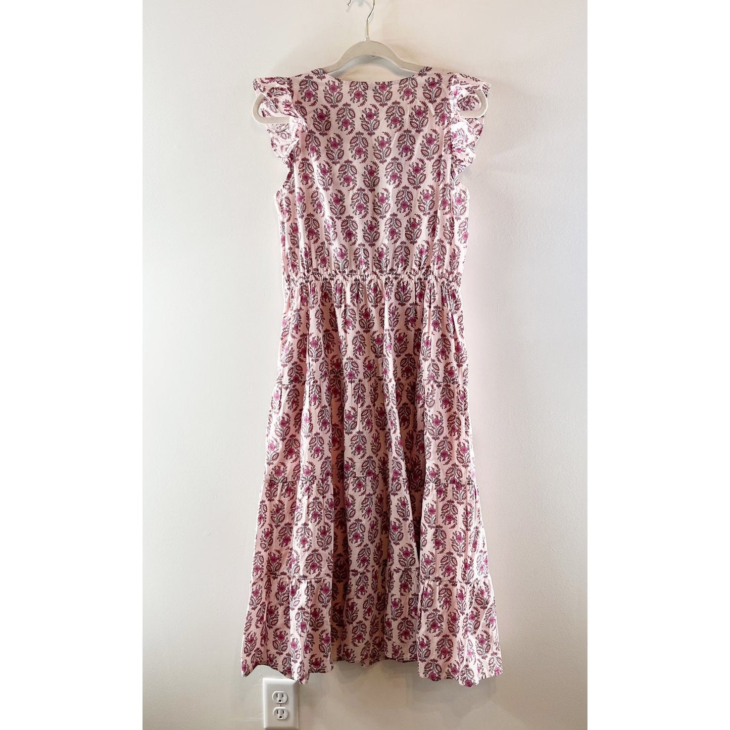 J. Crew Printed Ruffle Sleeve Cotton Midi Dress with Pockets Pink 6