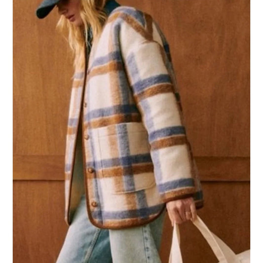 Sezane Veste Sari Laine Carreaux Reversible Sherpa Jacket Écru Camel Bleu 34 / 2