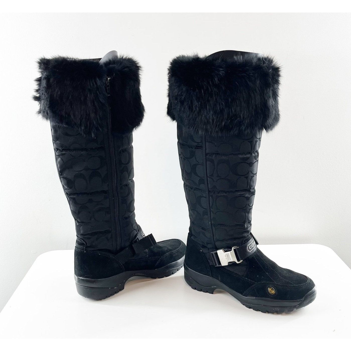 Coach Knee High Faux Fur Trim Signature C Logo Suzy Boots Black 8