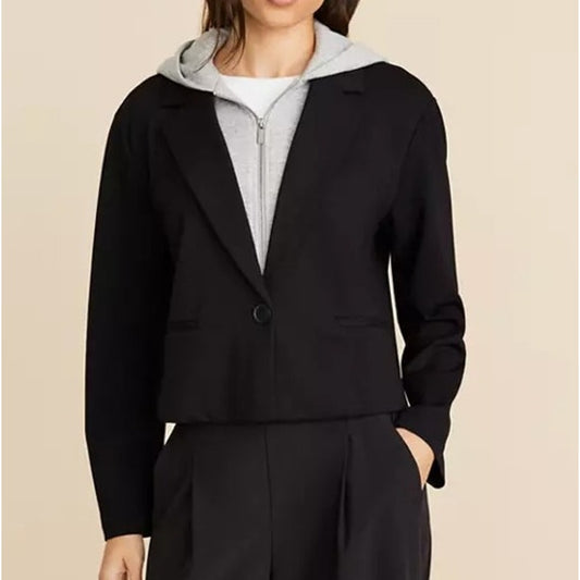 Lou & Grey Ponte Cropped Hoodie Dickie Blazer Jacket Black Medium