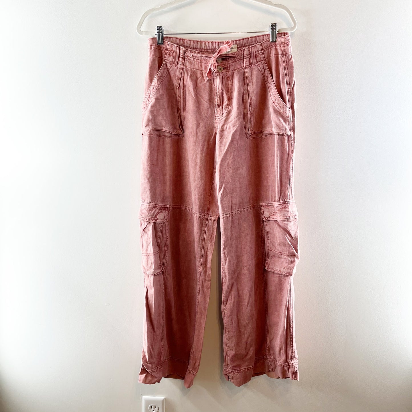 Pilcro Anthropologie Mid Rise Wide Leg Linen Blend Beach Cargo Pants Coral Pink