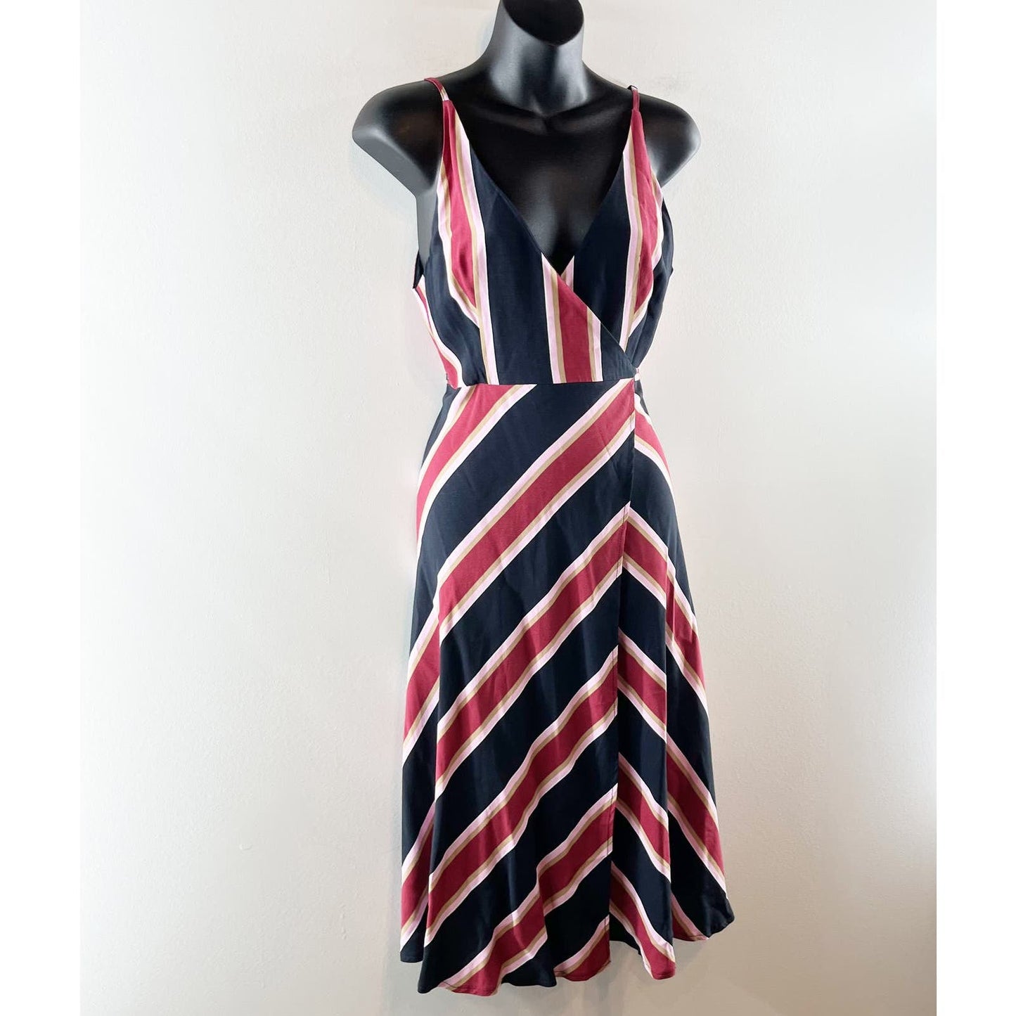 Topshop V Neck Striped Midi Wrap Dress Sundress Black Red 4