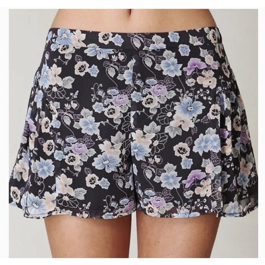 Free People Flowy Floral Print Chiffon Micro Shorts Black Purple 4
