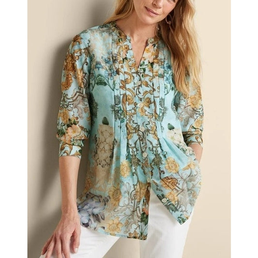 Soft Surroundings Long Sleeve Floral Button Up Blouse Top Blue Teal Large
