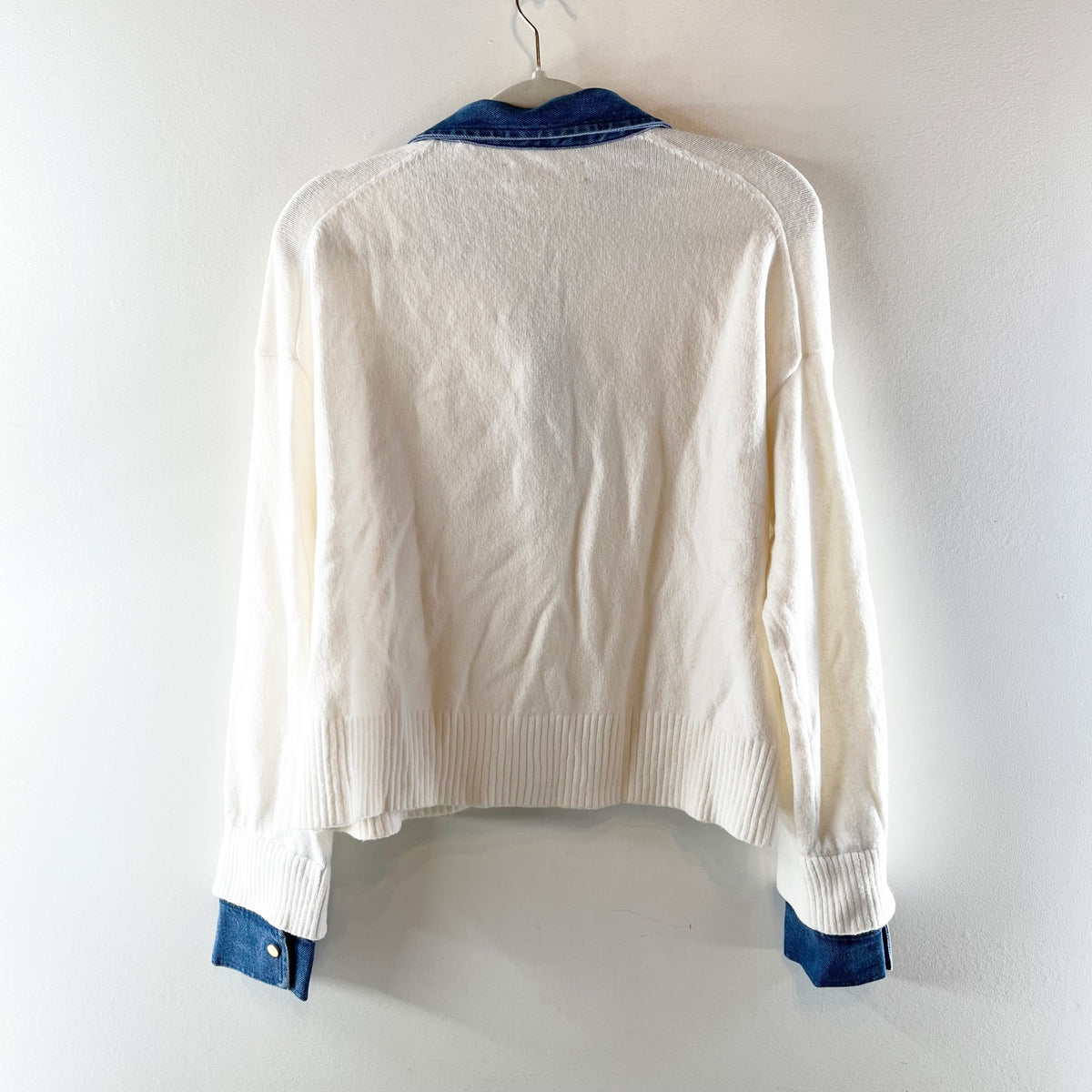 LOFT Denim Collar Henley Long Sleeve Sweater Cream Blue Small