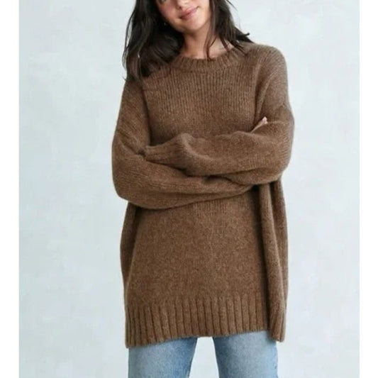 Jenni Kayne Alpaca Cocoon Crewneck Oversized Sweater Brown Medium