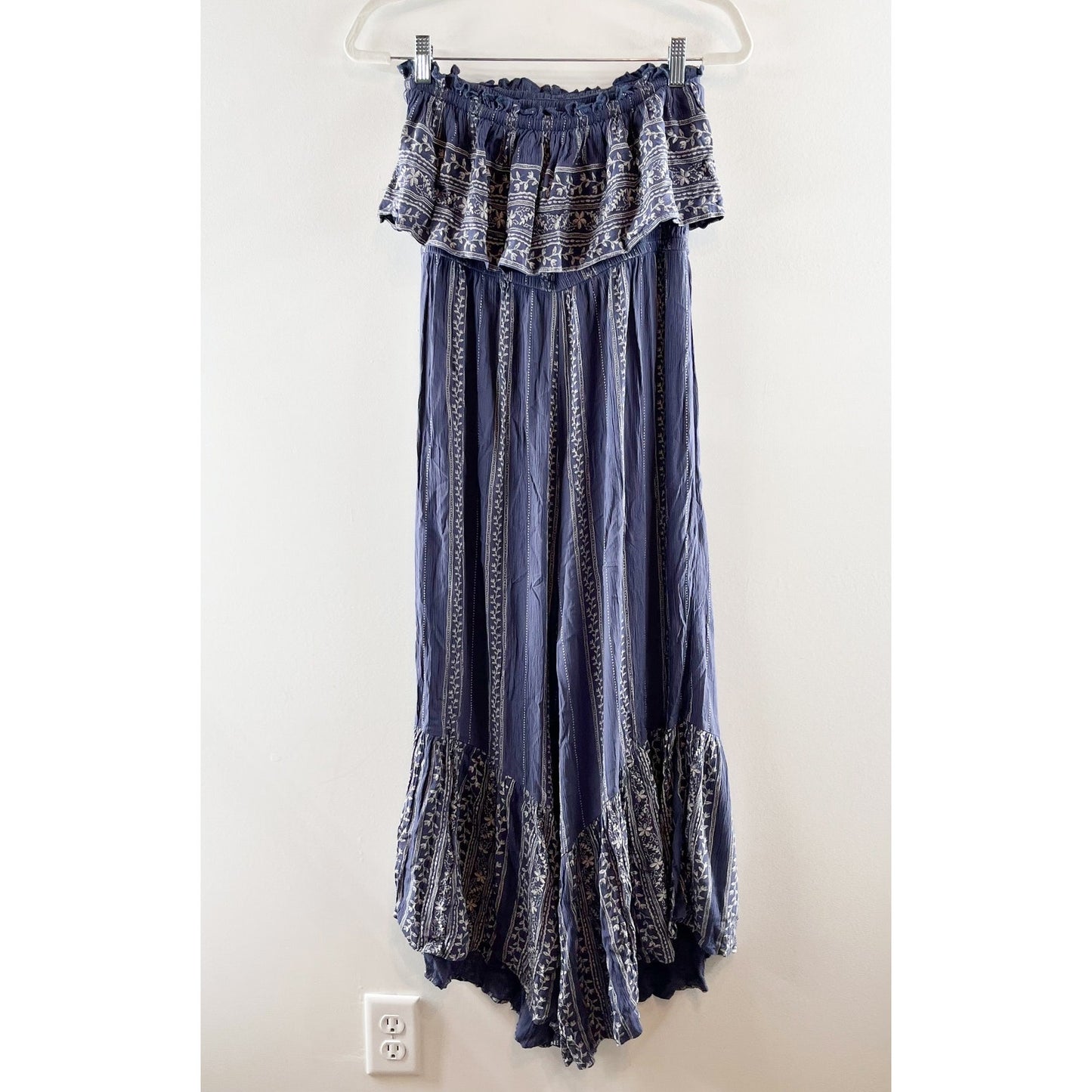 American Eagle Outfitters Strapless Ruffle Trim Wide Leg Jumpsuit Blue Medium