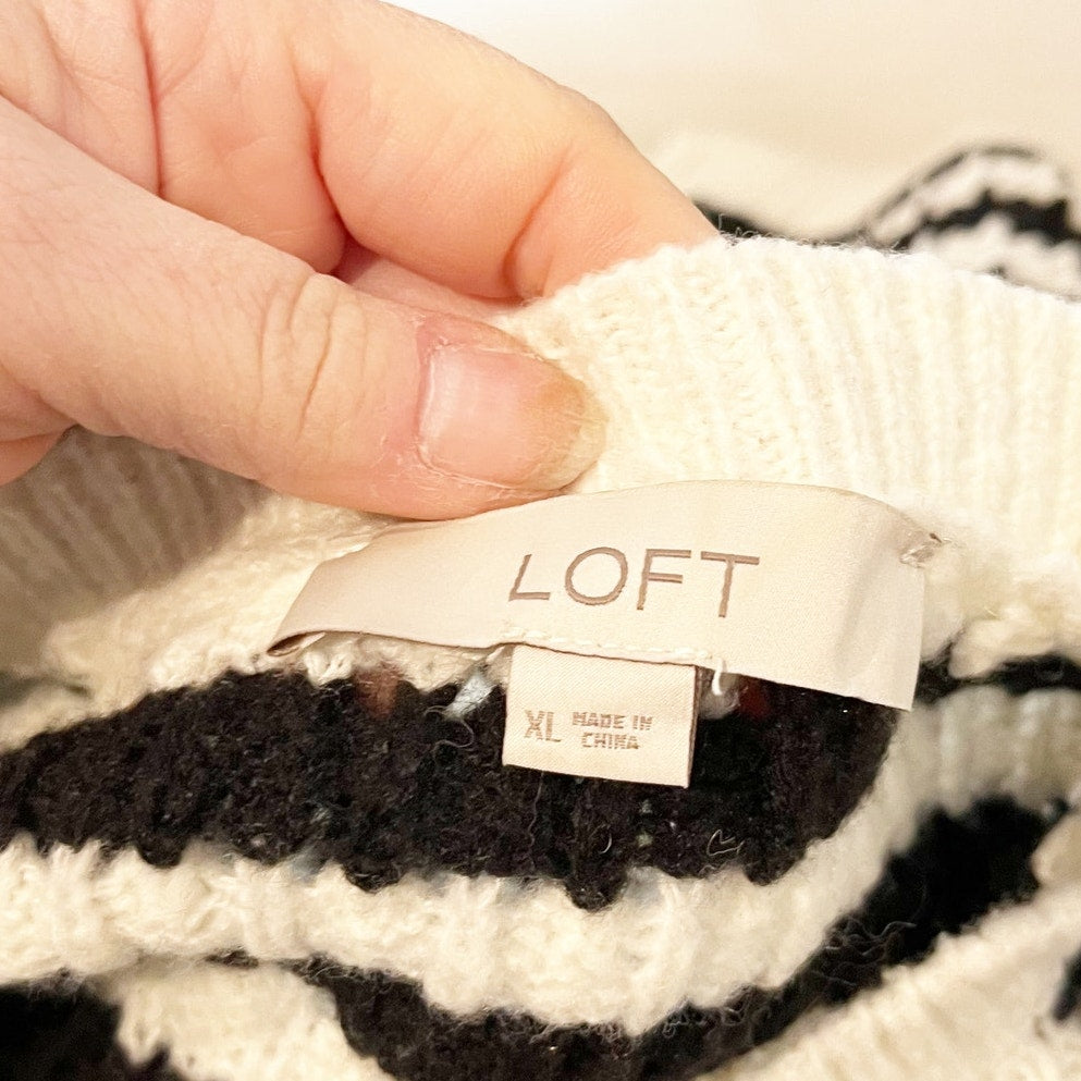 LOFT Striped Long Sleeve Pointelle Knit Ruffle Shoulder Sweater White Black XL