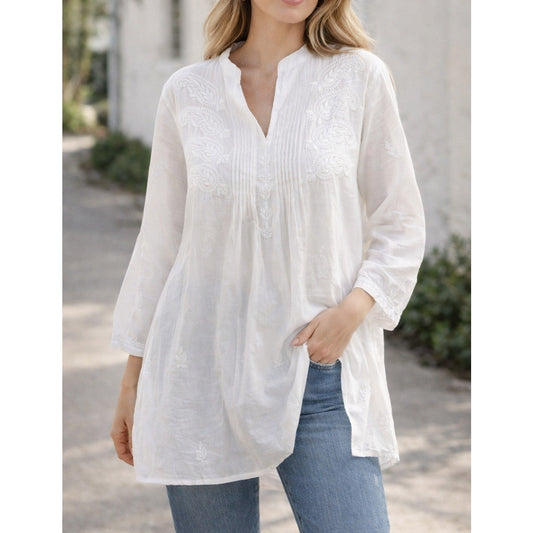 Sevya Handmade Cotton V Neck Long Sleeve Tunic Top Blouse White L / XL