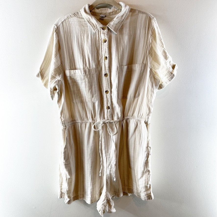 Old Navy Gauze Crinkle Button Down Short Sleeve Romper Beige Tan XL