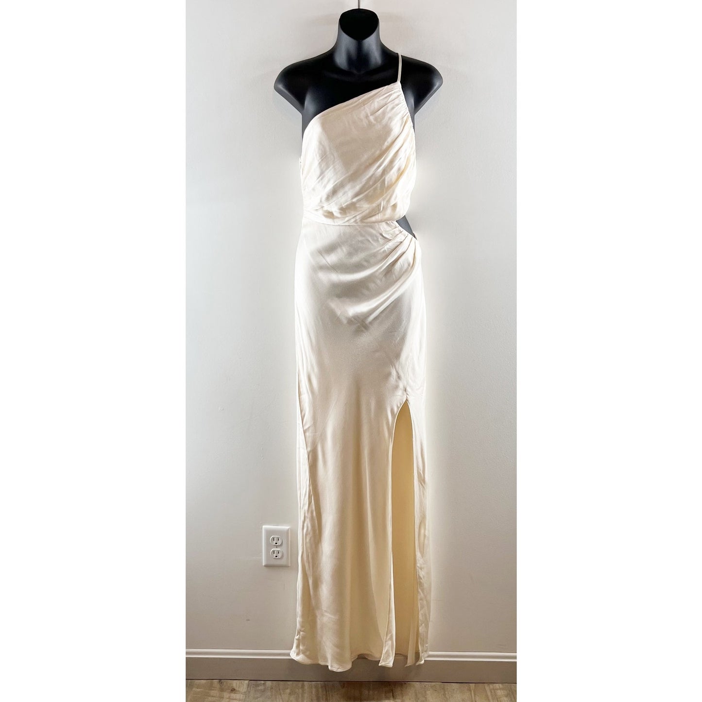 Shona Joy La Lune One Shoulder Side Cutout Slit Slip Maxi Dress Gown Cream Ivory