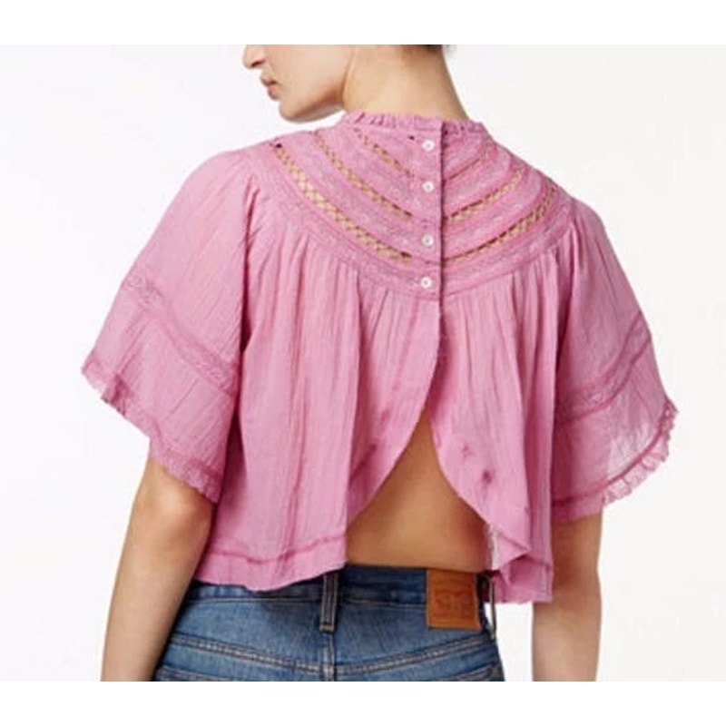 Free People Lush Life Illusion Flyaway Crop Blouse Top Pink Small