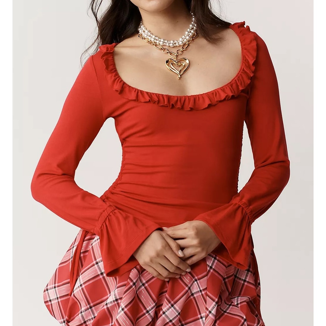 Maeve Anthropologie Long Sleeve Ruffle Scoop Neck Ruched Top Red Small