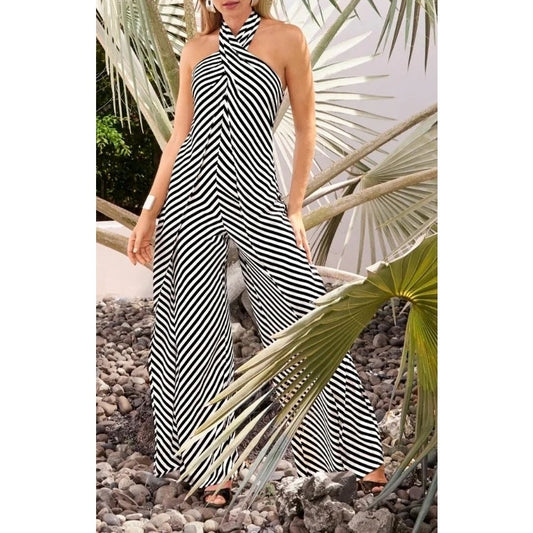 Boston Proper Striped Wide Leg Halter Neck Overlay Jumpsuit White Black Medium