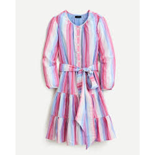 J. Crew Belted Button Up Long Sleeve Mini Dress in Pastel Stripe Purple Pink M