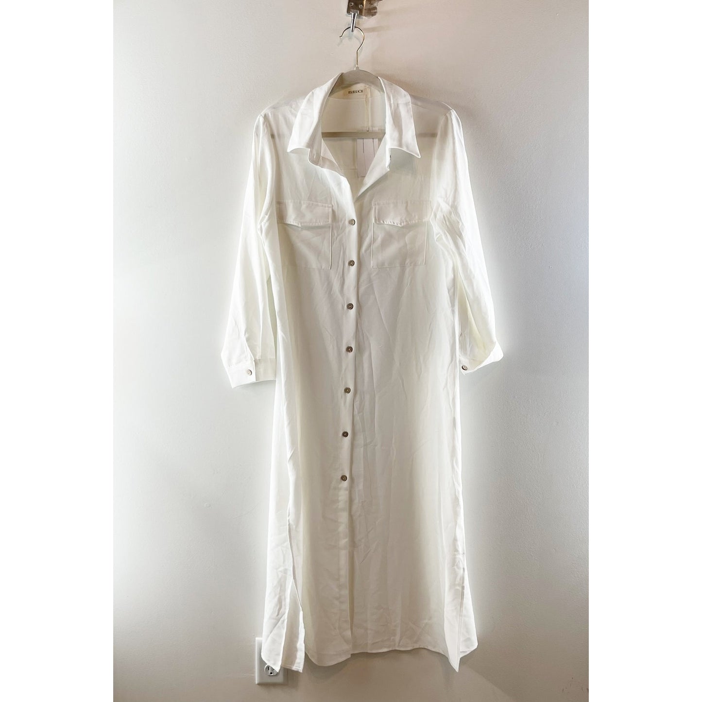 BSUBSEACH Long Sleeve Collared Neck Button-Up Cover-Up Maxi Shirt Dress White M
