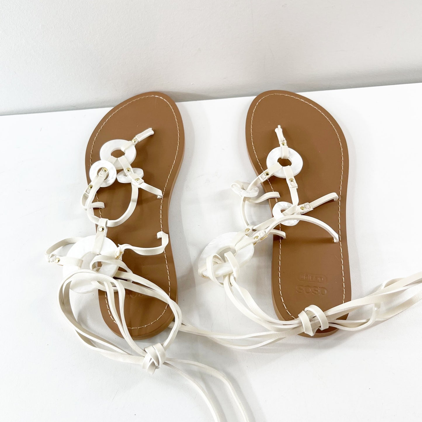 ASOS Fiona Slip On Tie Strap Flat Thong Sandals White US 7
