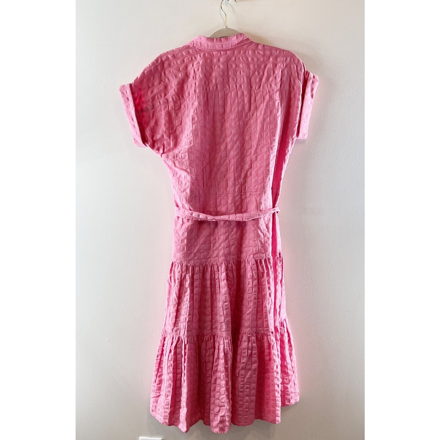 Ralph Lauren Vilma Short Cuffed Sleeve Button Up Textured Midi Shirt Dress Pink