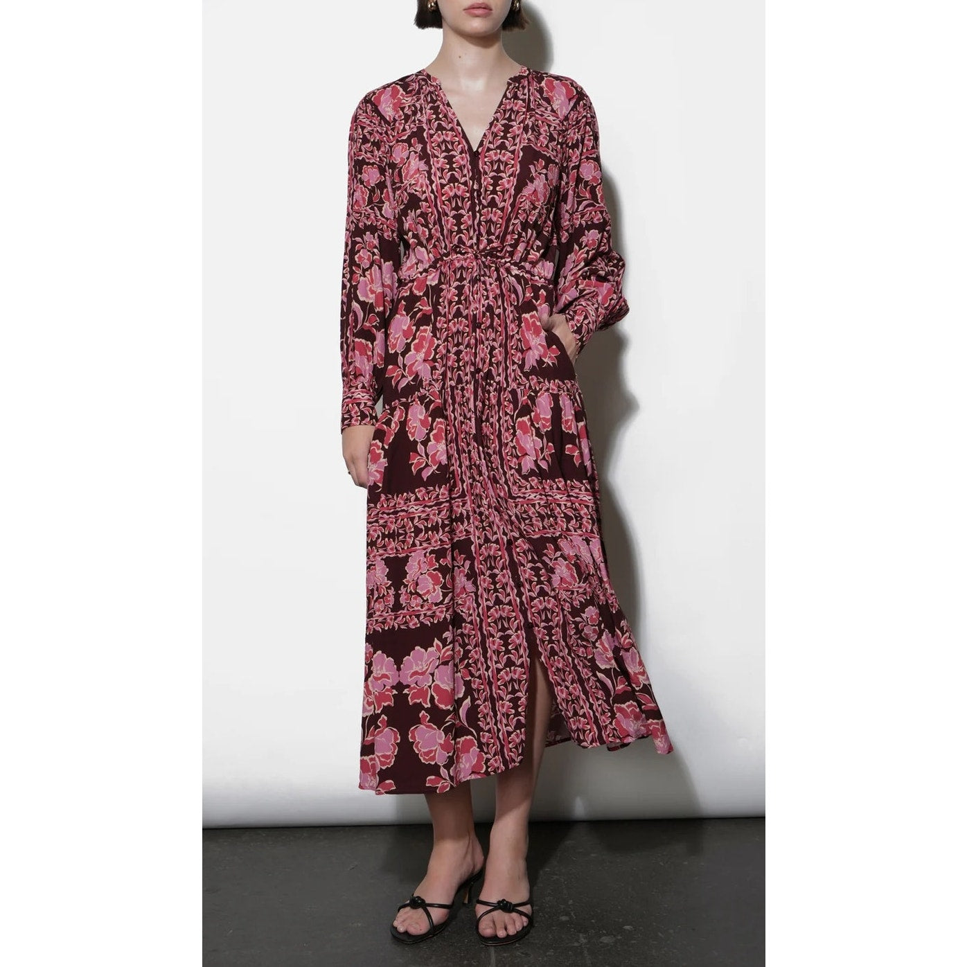 Greylin Petra Scarf Print Button Down Long Sleeve Midi Dress Maroon Purple Large