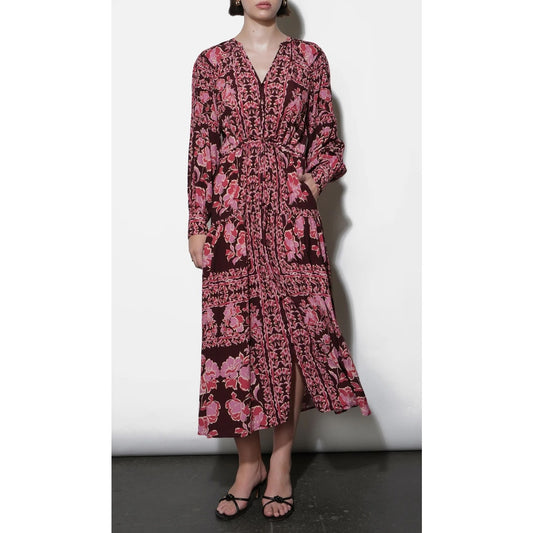 Greylin Petra Scarf Print Button Down Long Sleeve Midi Dress Maroon Purple Large