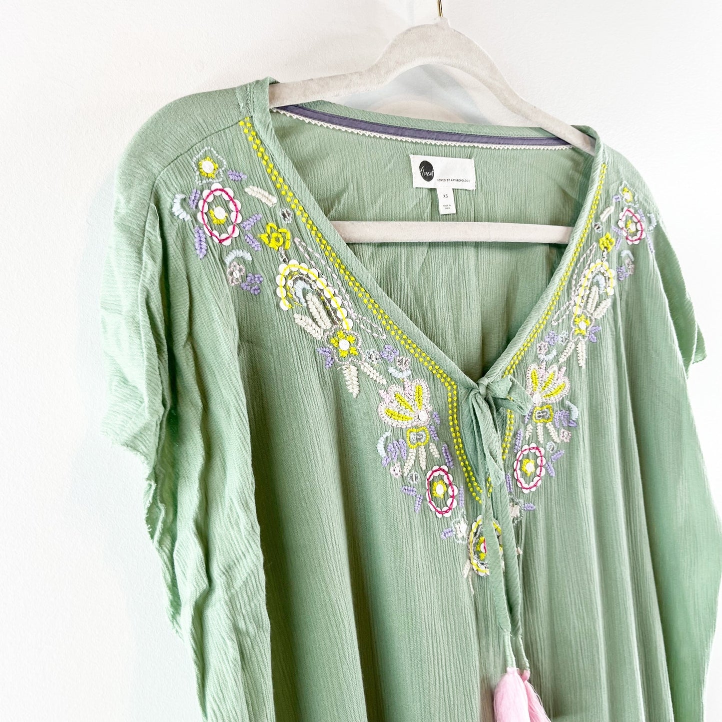 Anthropologie Floreat Persephone Embroidered Short Sleeve Top Green XS