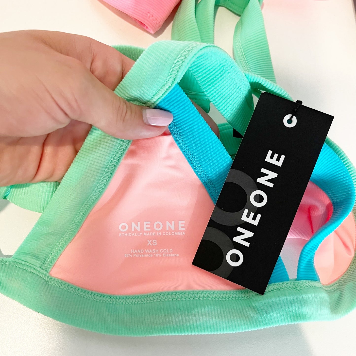 One One Kameron Triangle Ribbed Colorblock Bikini Set Pink Blue Green XS