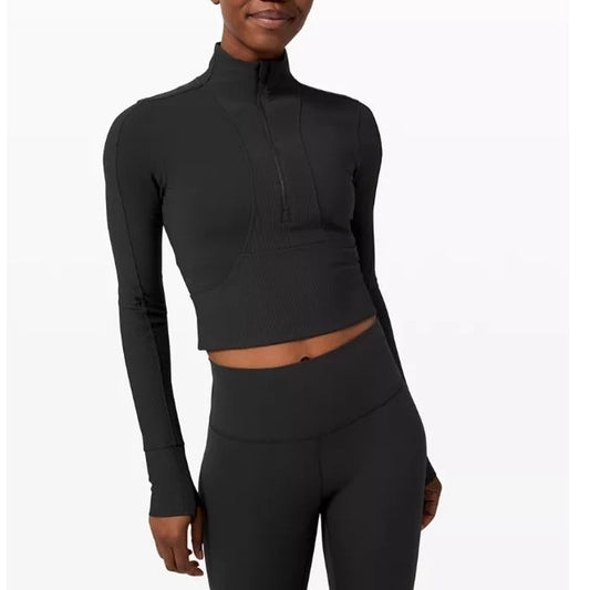 Lululemon Take it in Stride Cropped 1/2 Zip Long Sleeve Pullover Black 10