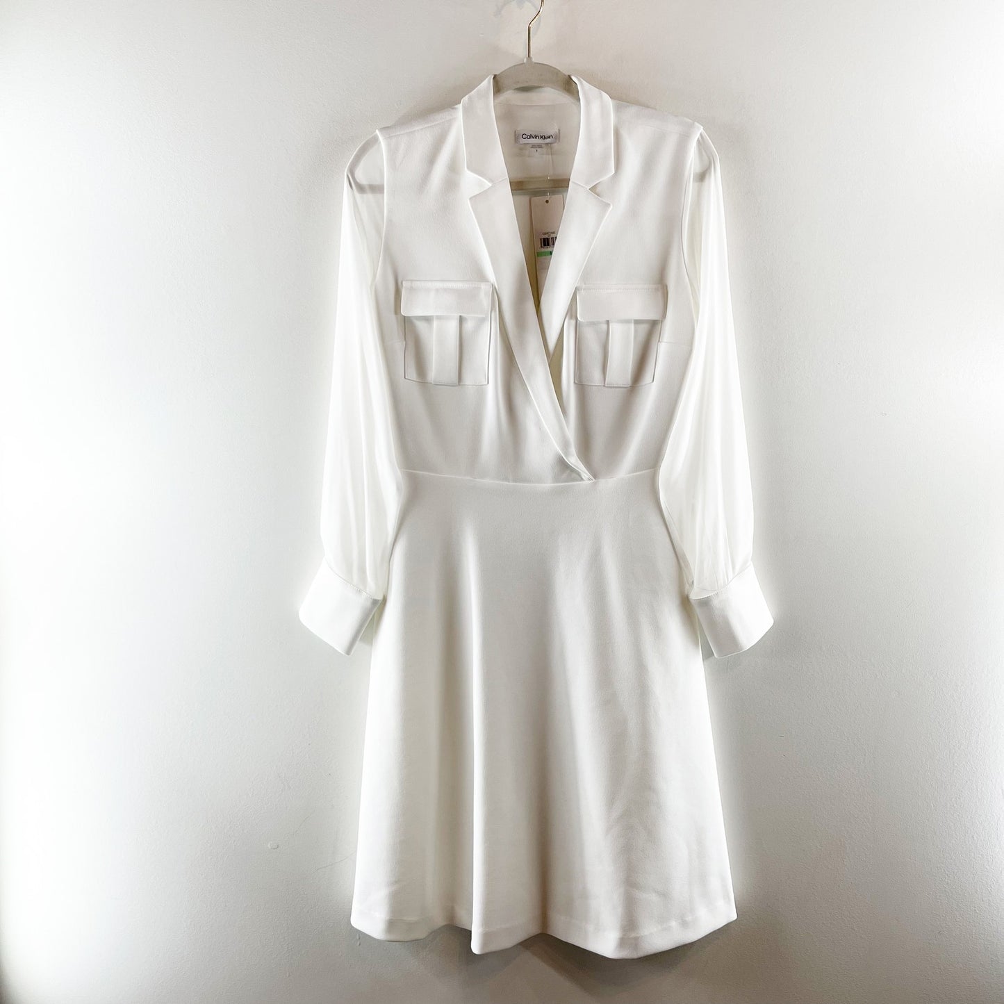 Calvin Klein V Neck Sheer Long Sleeve A Line Knee Length Dress White 8
