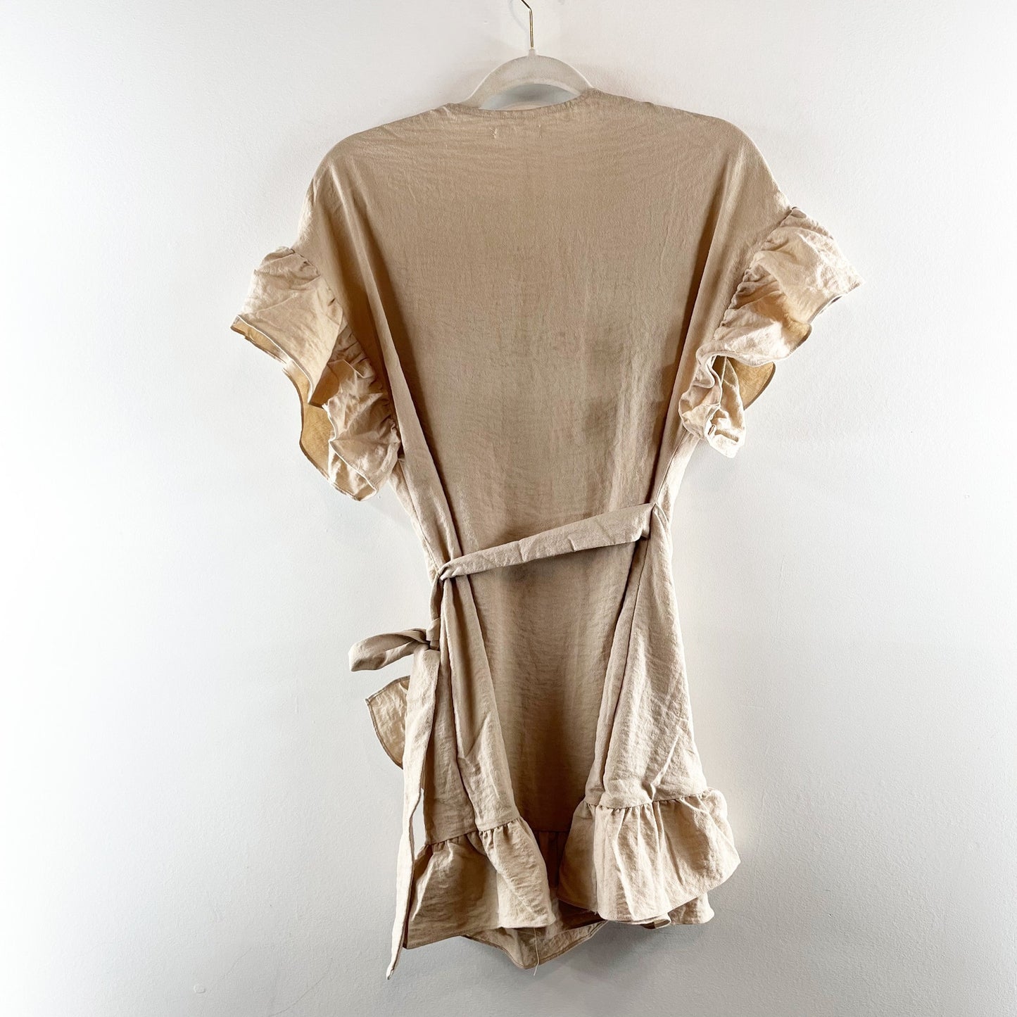 Tularosa Jenny Short Sleeve Ruffle Wrap Mini Dress Tan Khaki Small