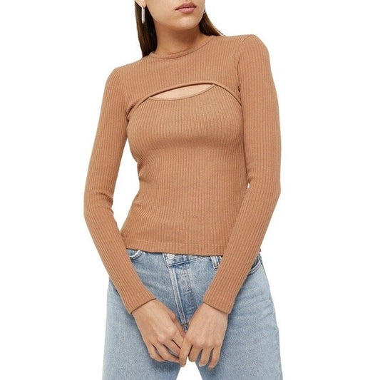 Agolde Lyza Organic Cotton Blend Long Sleeve Fitted Cut Out Ribbed Top Brown XS