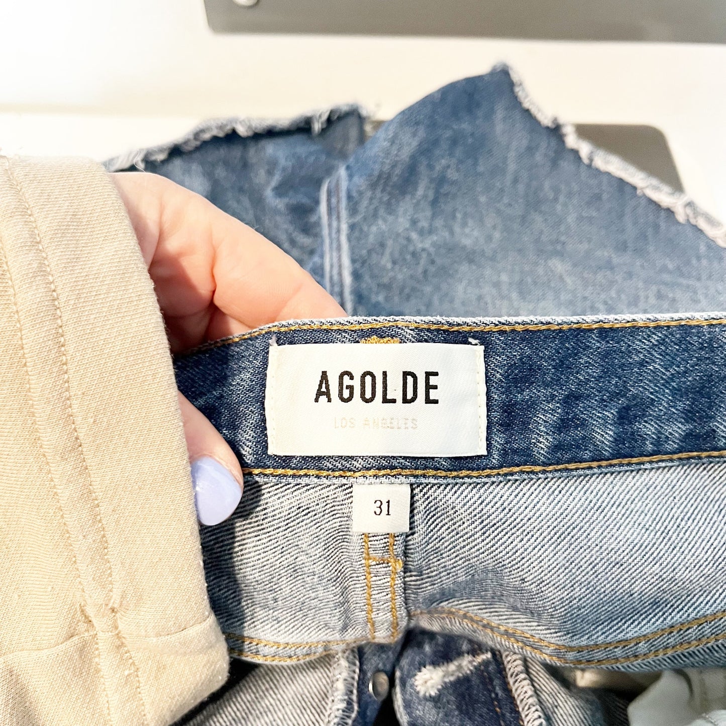 AGOLDE High Rise Button Fly Cutoff Parker Long Jean Denim Shorts Blue 31