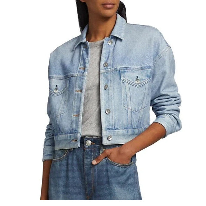 Rag & Bone Miramar Cotton Light Wash Denim Crop Trucker Jacket Blue Small